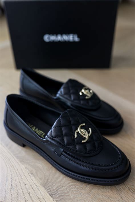 chanel cc patent leather black loafers|Chanel lambskin loafers.